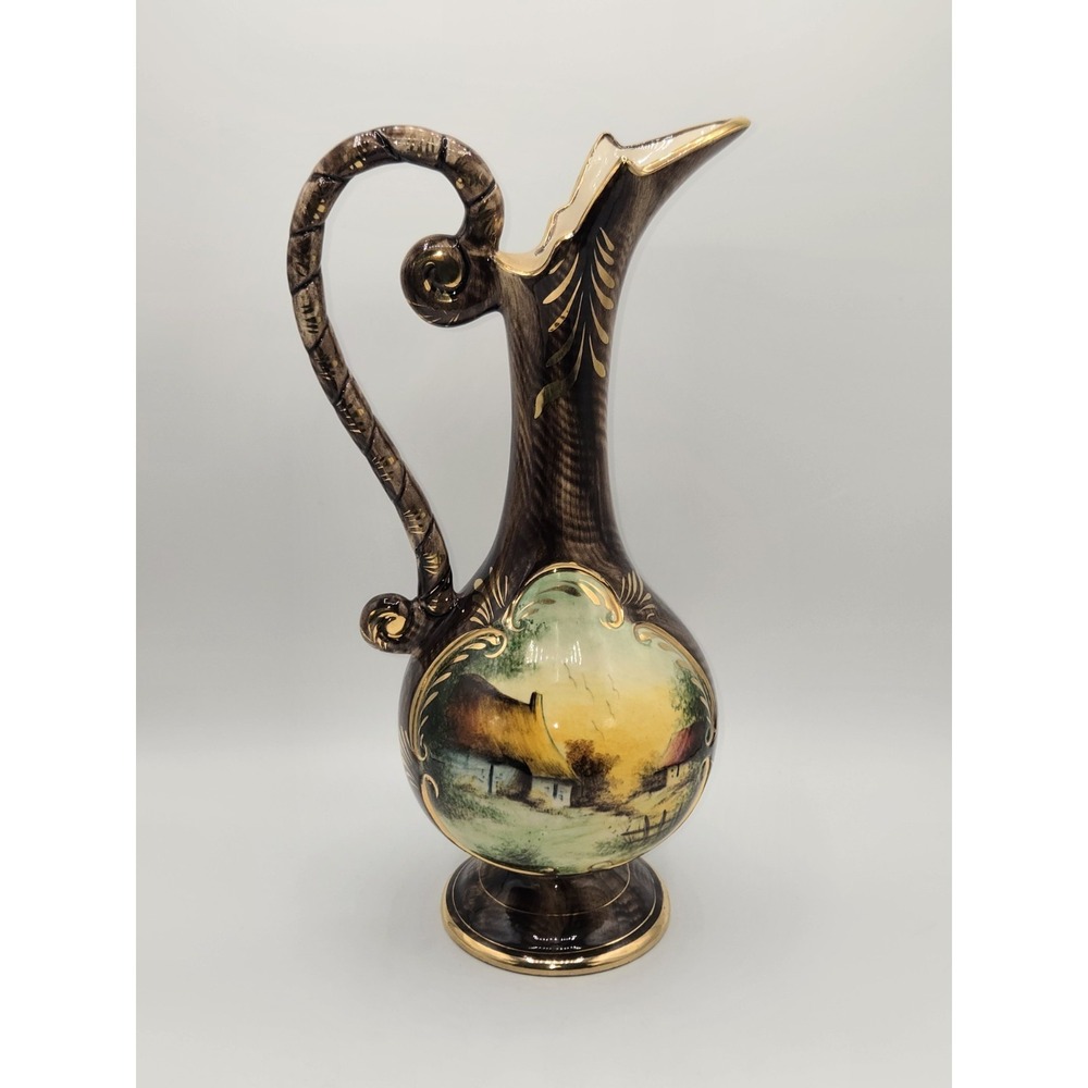 H. Bequet Quaregnon Belgium Hand Painted Ewer Pitcher Scenic Landscape 13"